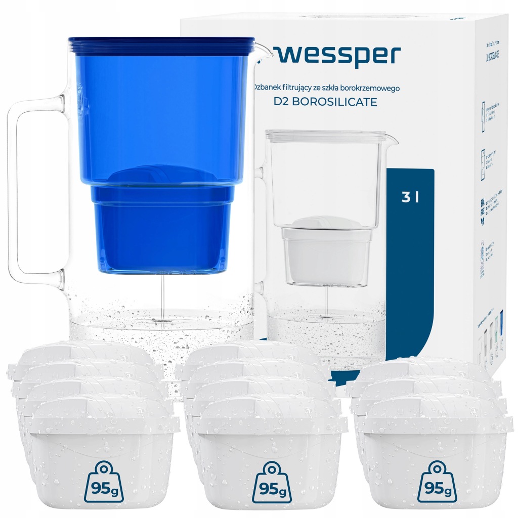 Skleněná filtrační konvice Wessper D2 Borosilicate 3 l modrá 12x filtr