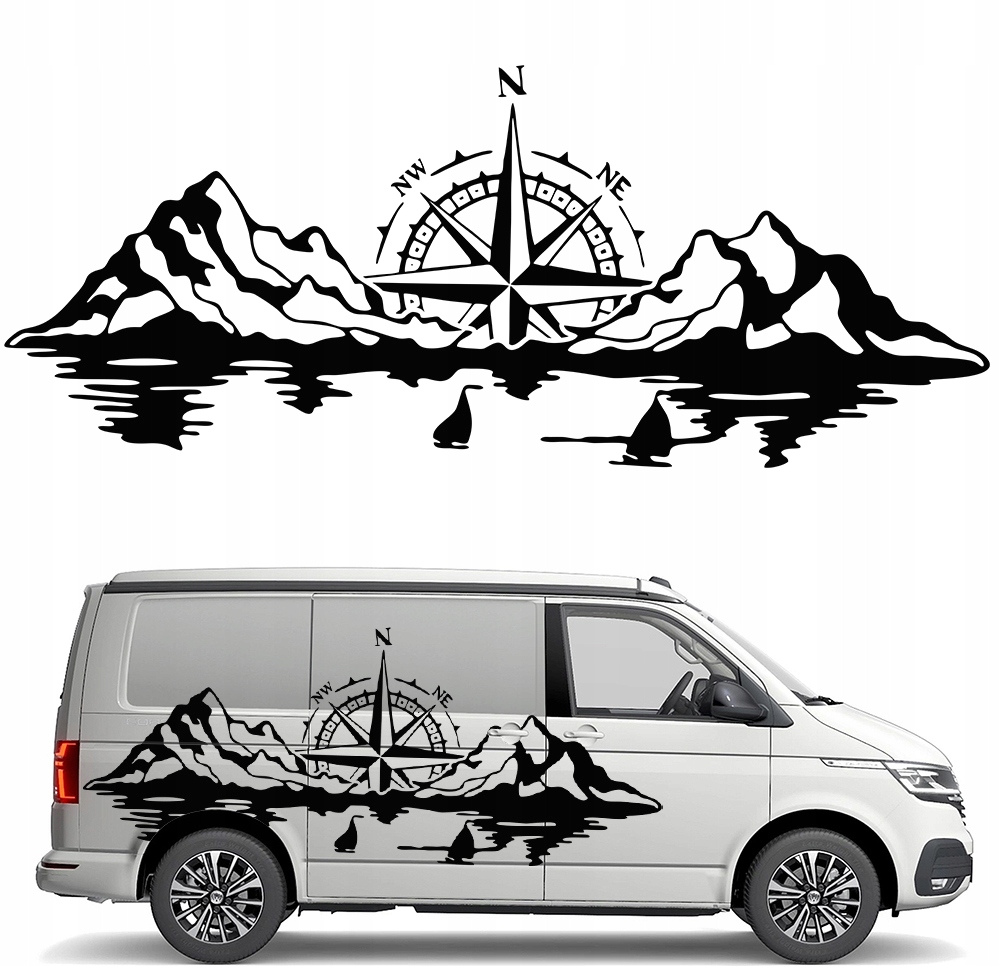 Samolepka Grafika na karavan Růže Větrů Kompas Hory Jezero Plachetnice 90x220