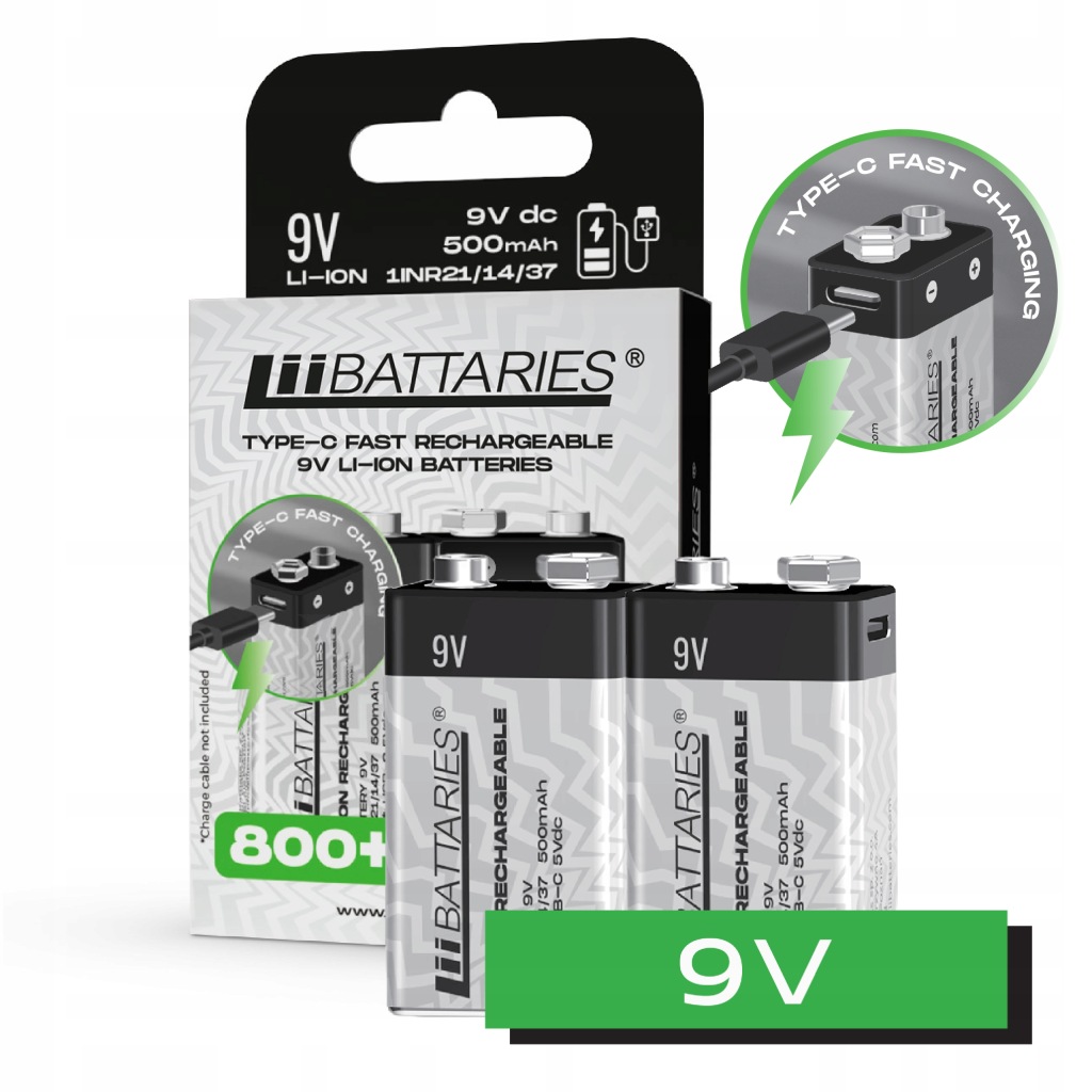 LiiBattaries Výkonný Nabíjecí Baterie nabíjecí Lithium-iontová Baterie 9V Usb-c