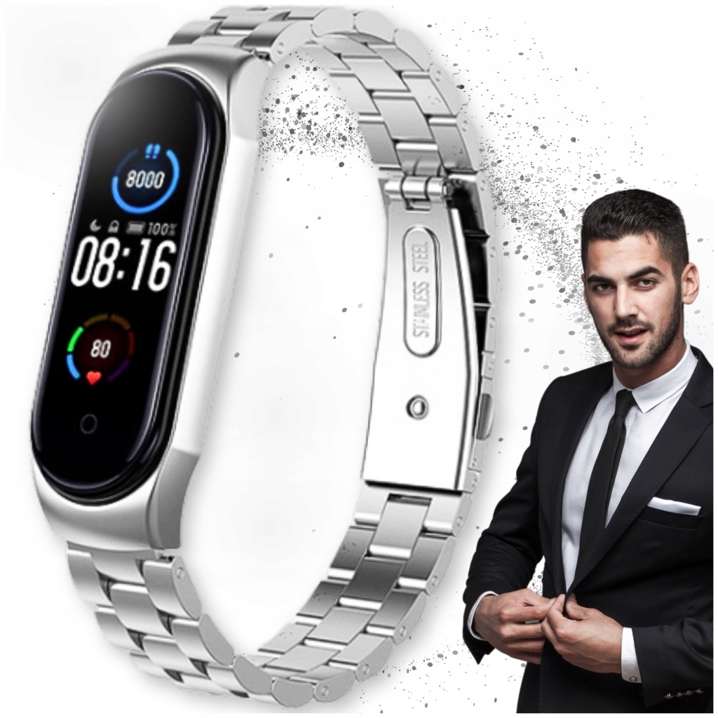Řemínek na náramek Xiaomi Mi Band 5 6 stříbrný ocel pánský náramek