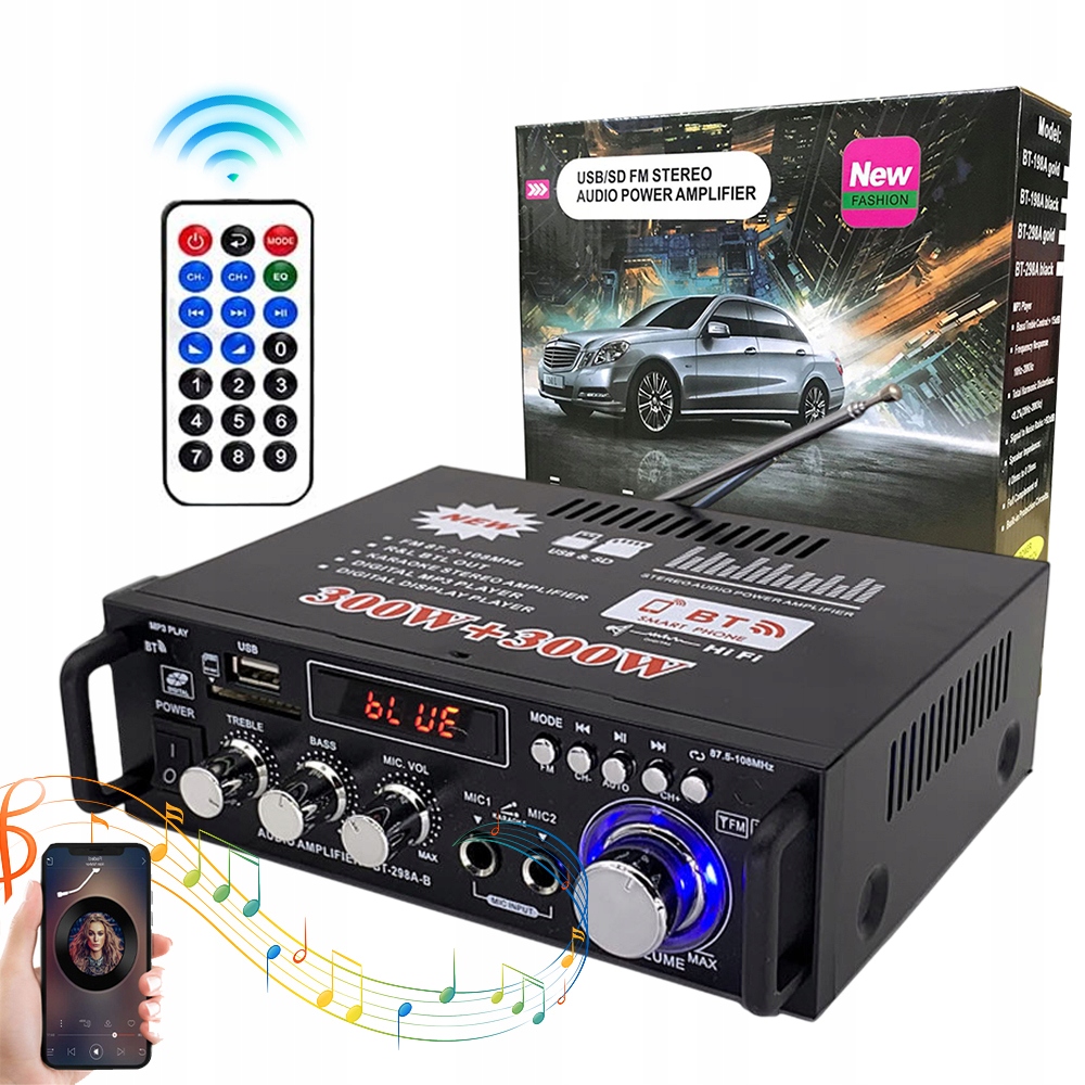 Mini Stereo Zesilovač 300W 300W Bluetooth 50 Sd Usb Fm Rádio Černý