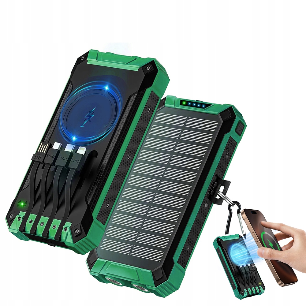 Solární Power Banka Pro 6 Zařízení Současně 26800 Mah Se 4 Kabely (zelená)