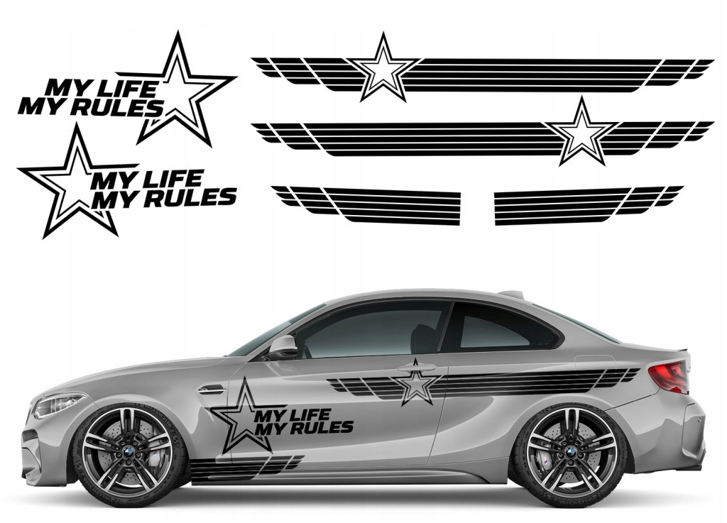 2x Nálepka Grafika na auto Motiv My Life My Rules Hvězdy Stars 92x306