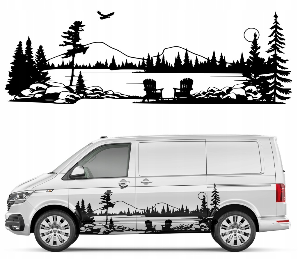 Samolepka Grafika na karavan, karavan, Jezero, Les, Hory 60x184