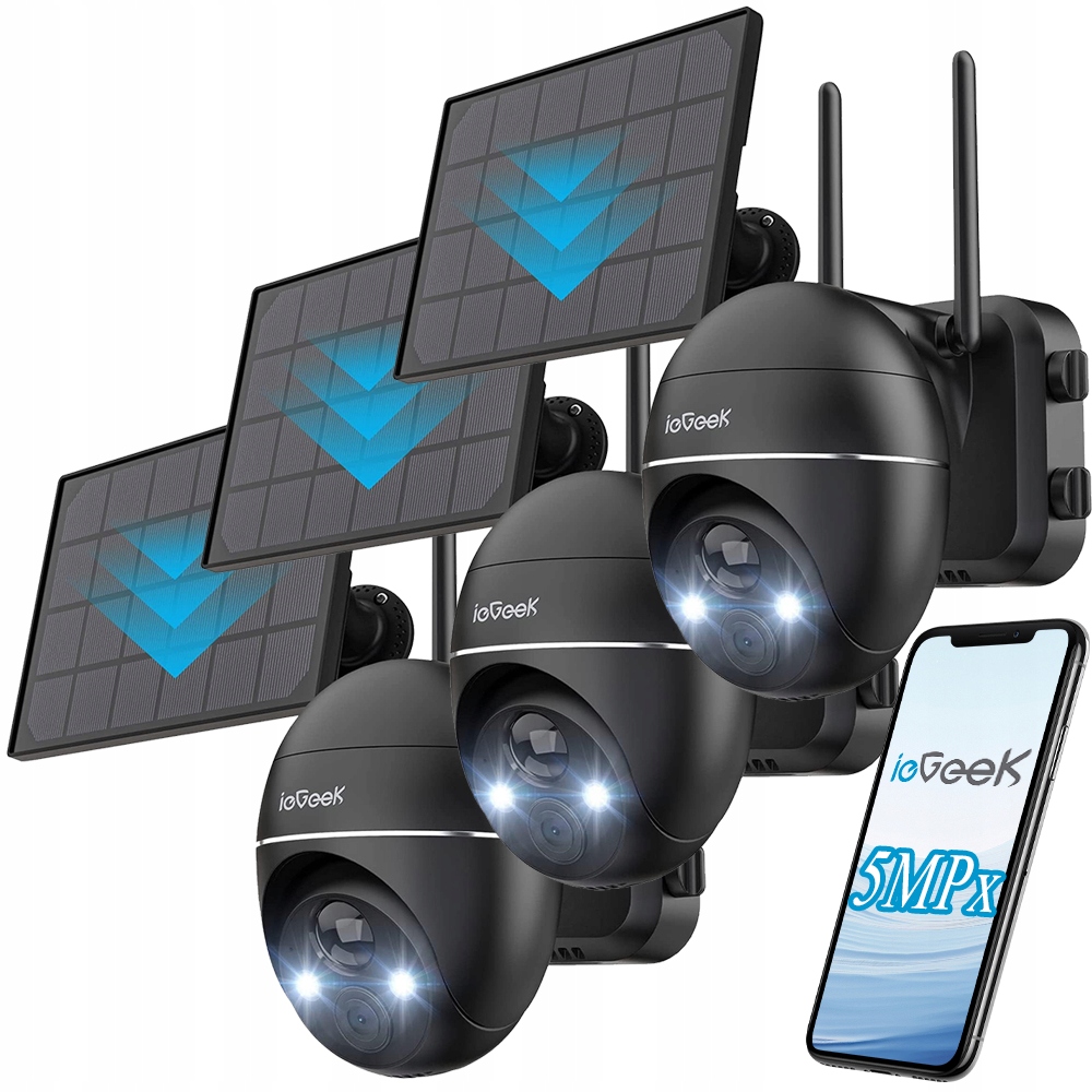 Venkovní solární WiFi Pir kamera Otočná 5MPx 4x Zoom Bezdrátová 3ks