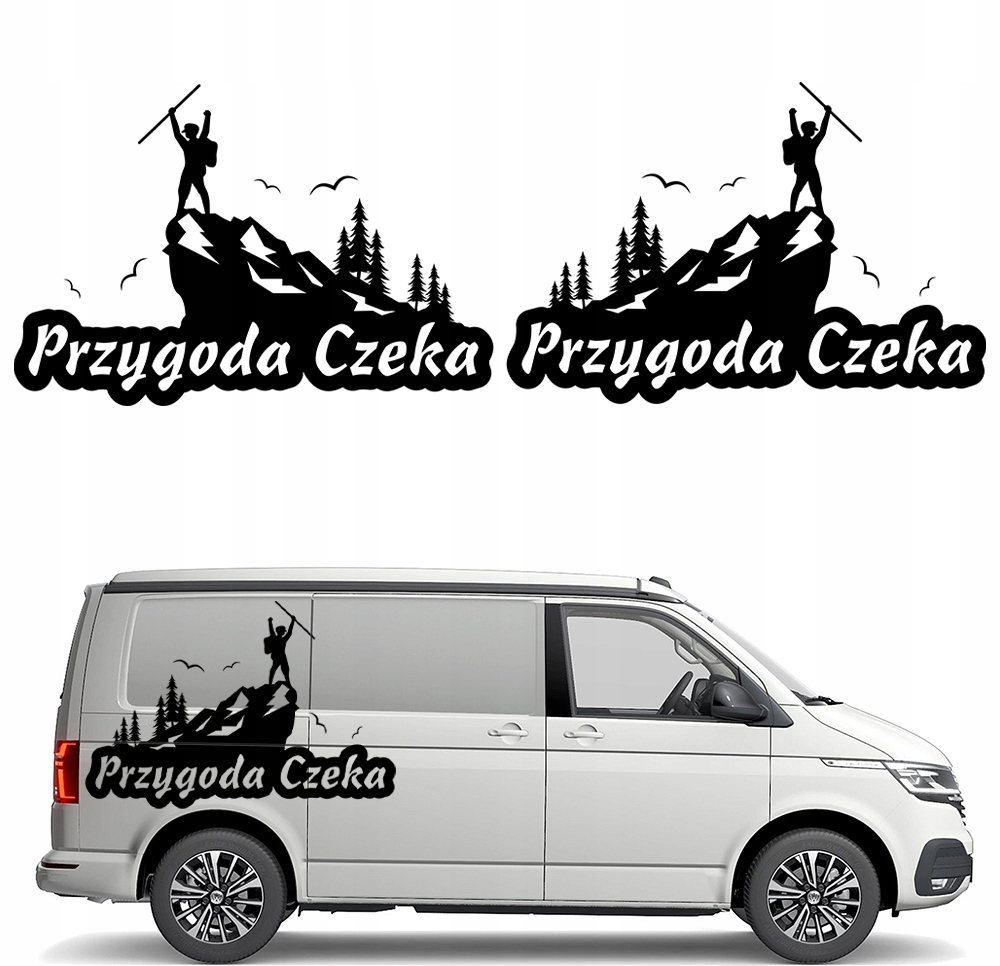 2x Samolepka Grafika na karavan auto Dobrodružství Čeká Hory Lezení 59x88