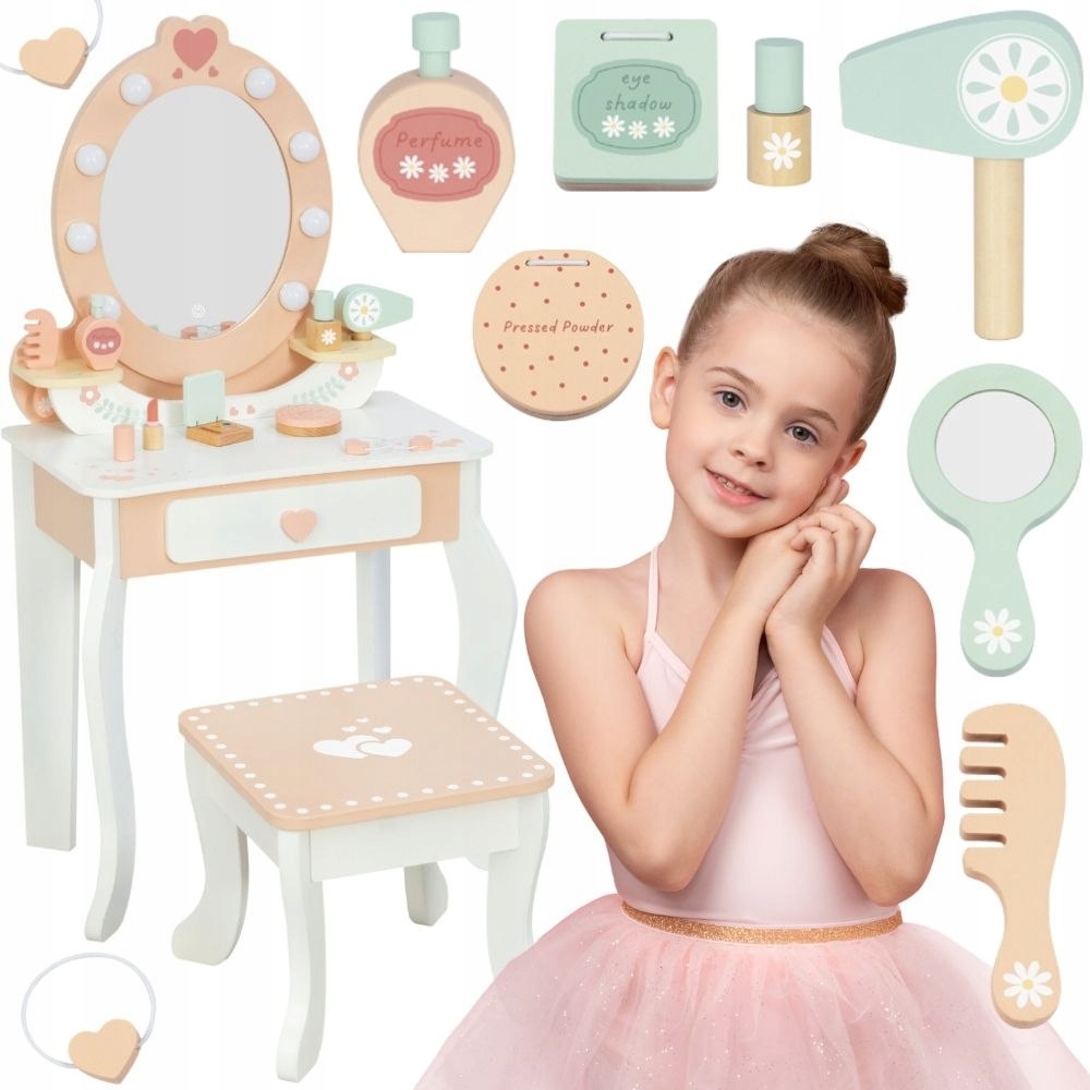 Tooky Toy Dřevěná toaletka s židličkou Příslušenství Zrcadlo s osvětlením