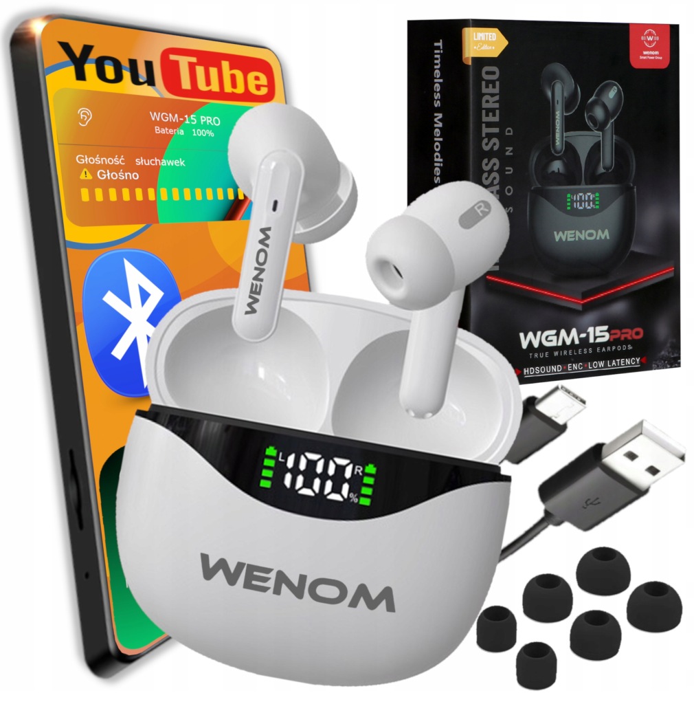 Sluchátka Bluetooth Bezdrátová Bluetooth do uší Bílá Wenom Wgm 15PRO