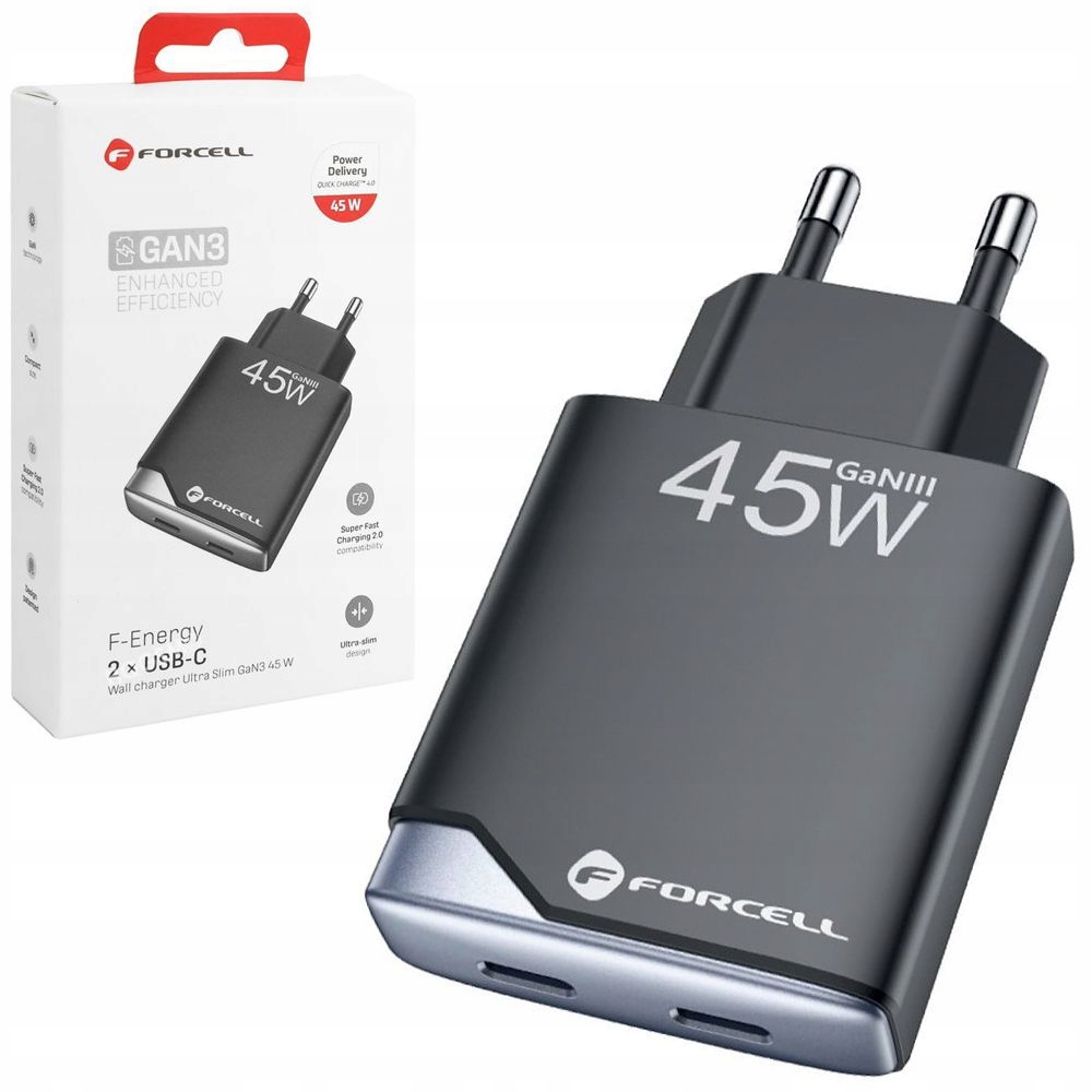 Forcell Rychlá mini síťová nabíječka Kostka 2x Usb-c Sfc 2.0 Qc 4.0 45W