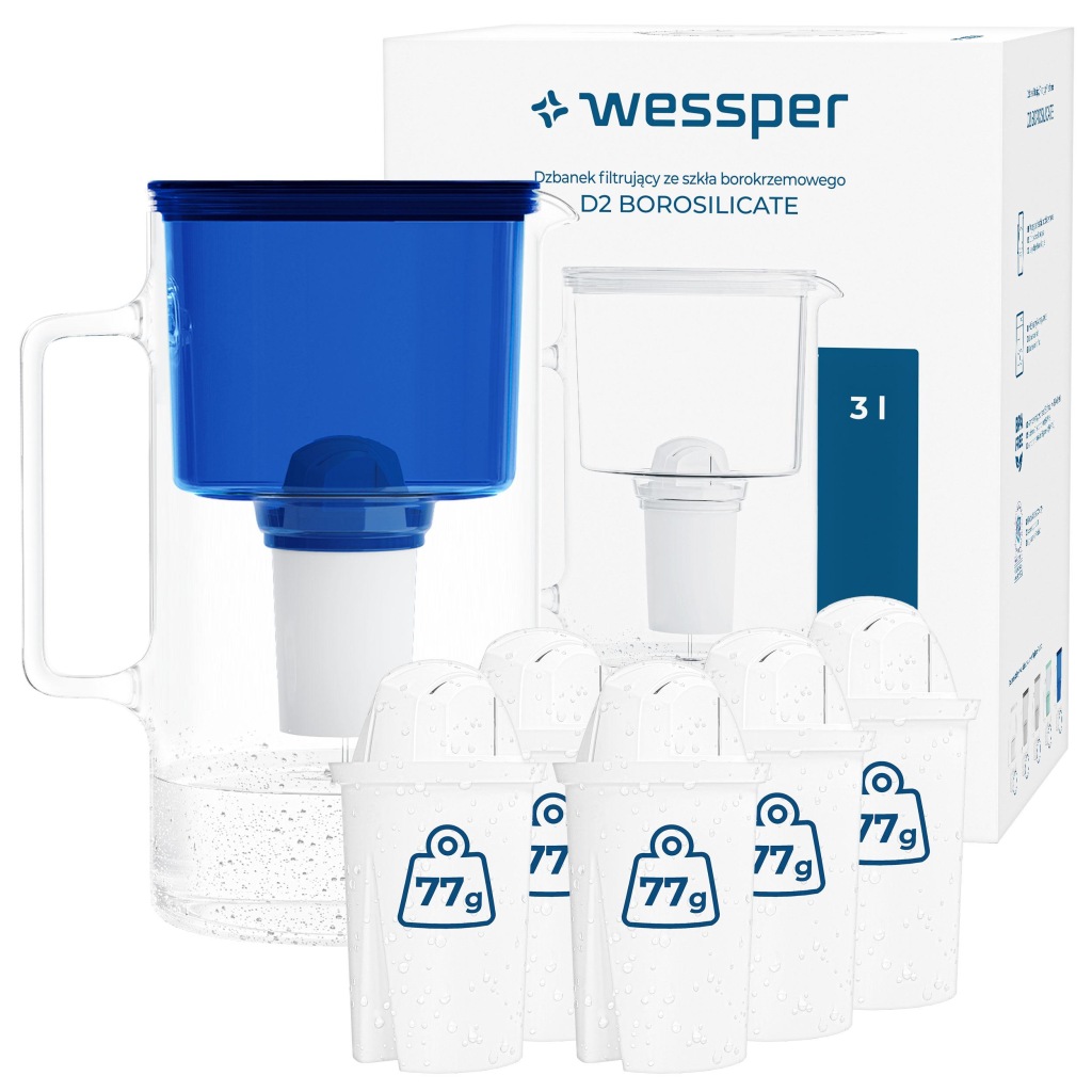 Skleněná filtrační konvice Wessper D2 Borosilicate 3 l modrá 6x filtr