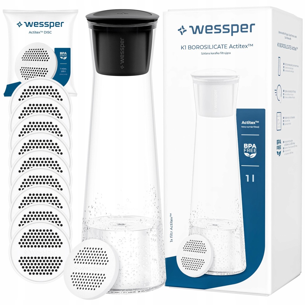 Skleněná karafa na nápoje s 10 filtry do vody Wessper K1 Borosilicate 1L