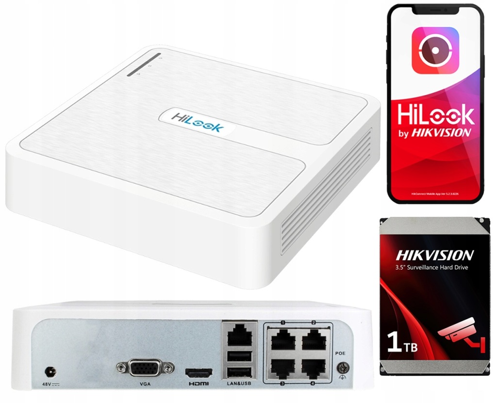 Ip rekordér HiLook 4x PoE NVR-4CH-H/4P 4x PoE 1TB Disk Hikvision
