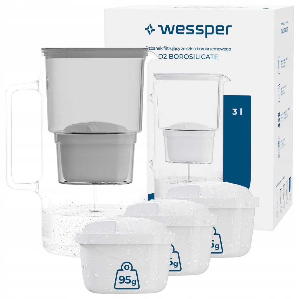 Skleněná filtrační konvice Wessper D2 Borosilicate 3 l šedá 4x filtr