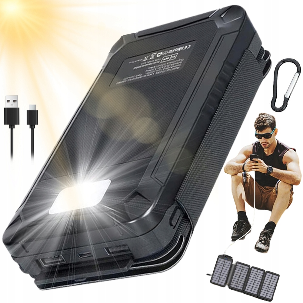 Solární Powerbanka 16000 Mah Se 4 Solárními Panely A Led Svítilnou