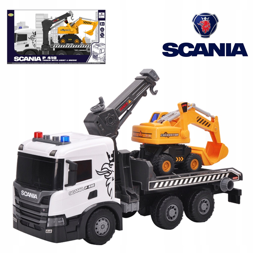 Velká Scania P 410 kamion XXL Tir Autopřepravník s bagrem světla zvuky