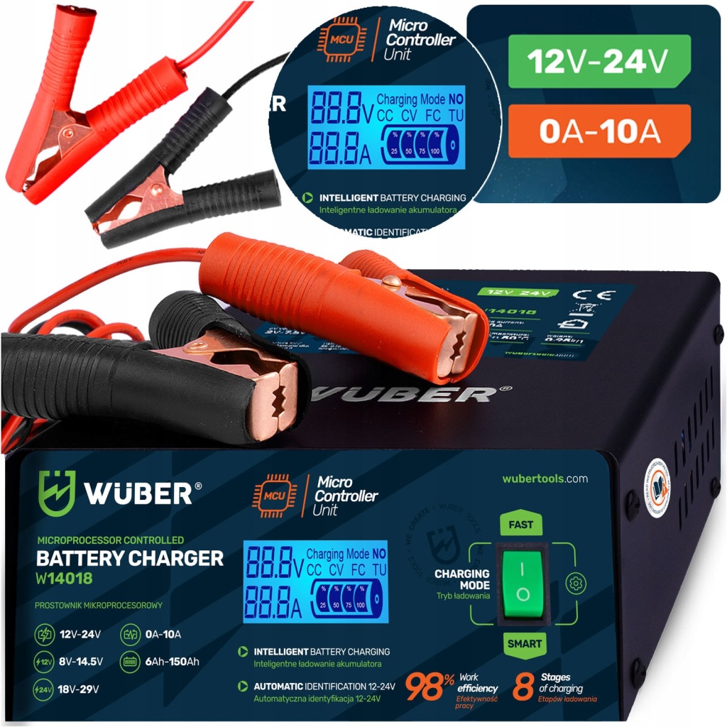 Akumulátorový Usměrňovač 10A Do Auta 6-150 Ah Pro Nabíjení 12V 24V Wuber