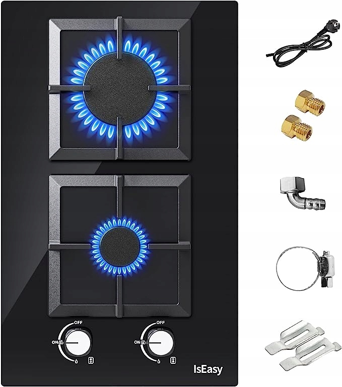 IsEasy skleněná plynová varná deska 2 hořáky 2700W/1000W 31cm Zemní plyn/propan