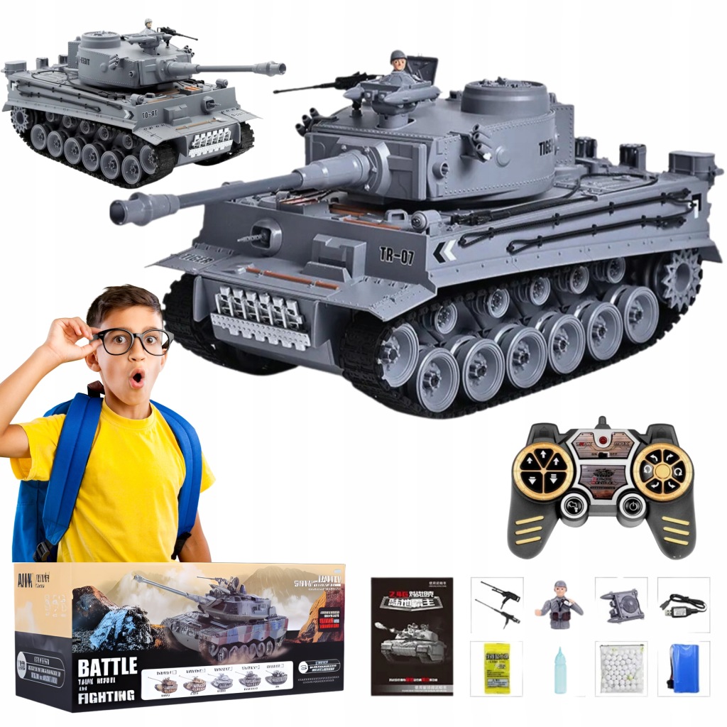 Dálkově ovládaný Tank Tiger Střílí na dálkové ovládání Dymi Na kuličky Velký 1:18
