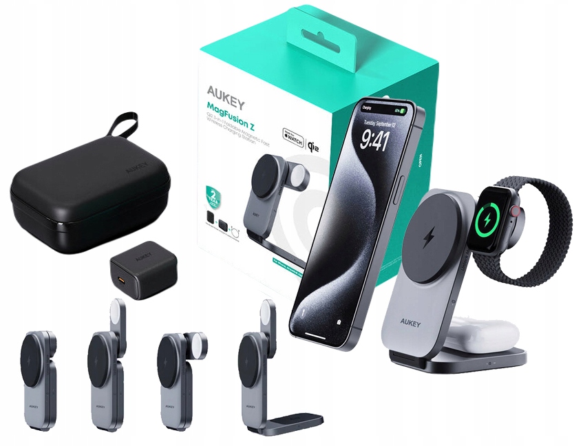 Aukey LC-MC312 Slim 15W Qi2.0 Apple 3v1 MagSafe indukční nabíječka pro iPhone