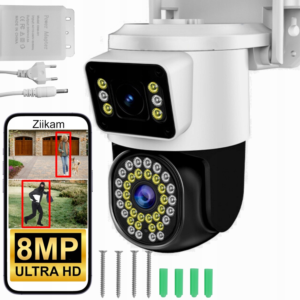 Dvojitá Wifi Ip Smart Venkovní Otočná Kamera 4K 8MPX Detekce Alarmu