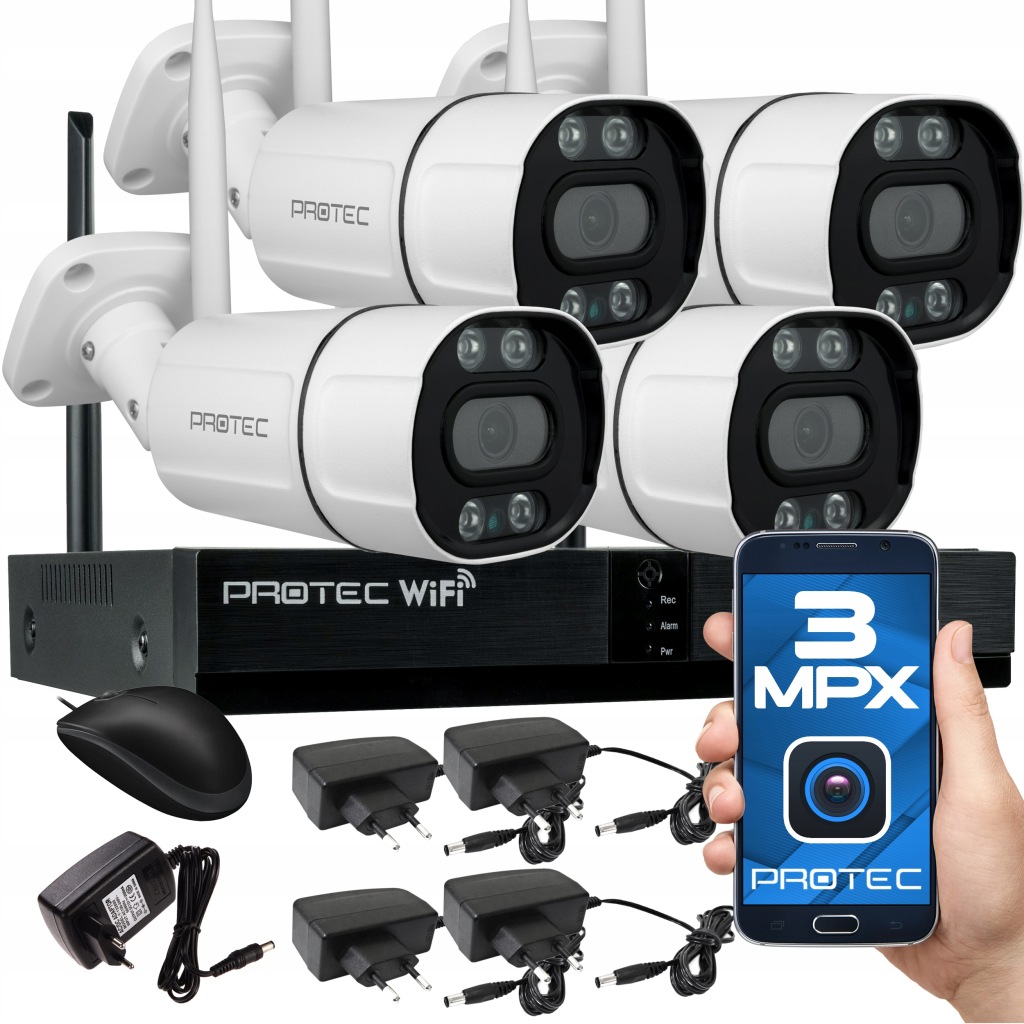 Sada Pro Monitorování WiFi 4 Kamer Vysoká Kvalita 3MPX Bez Hdd Protec Ip