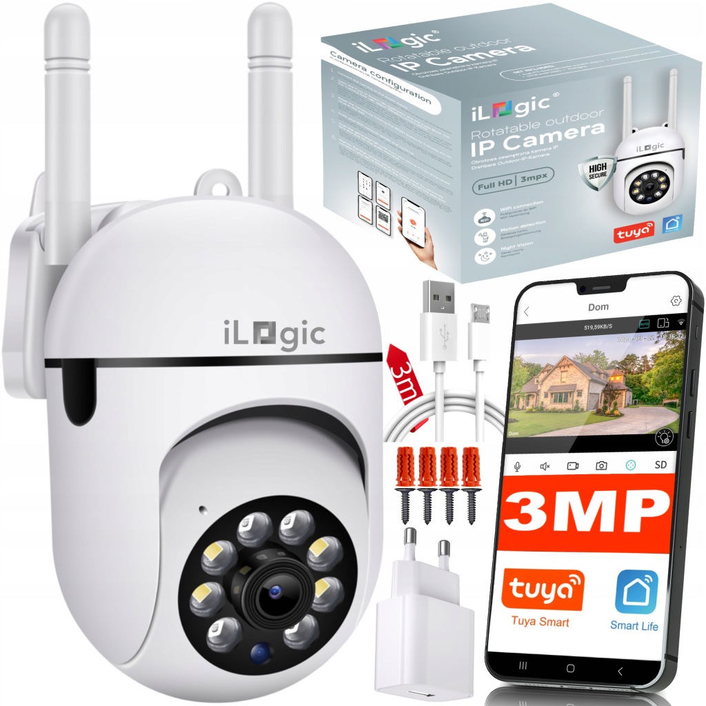 Venkovní Kamera WiFi Ip Otočná 3MPx Tuya Bezdrátová Full Hd 8x Zoom
