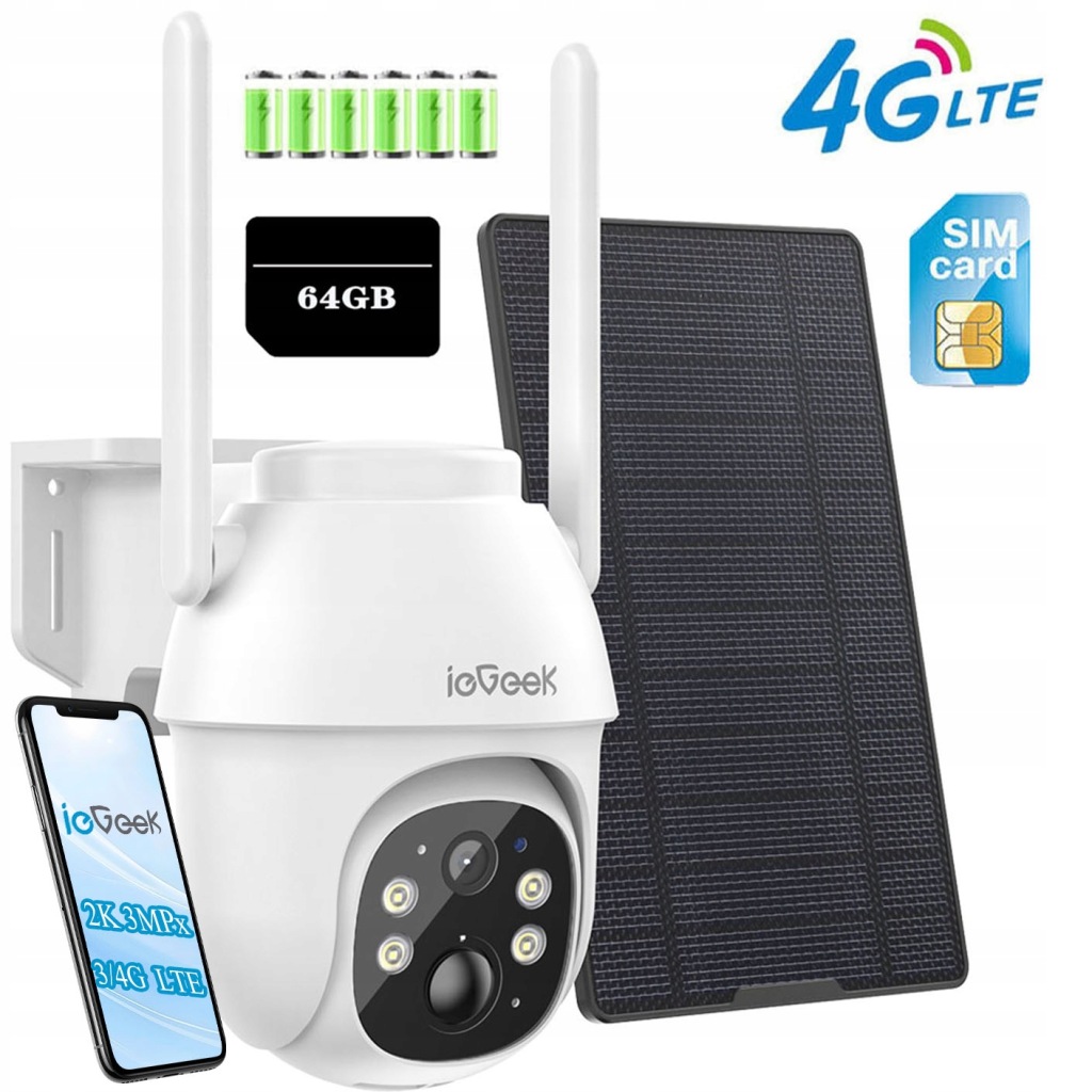 Venkovní solární otočná kamera Gsm 3G 4G Lte Sim 2K 3MPx 64GB Karta