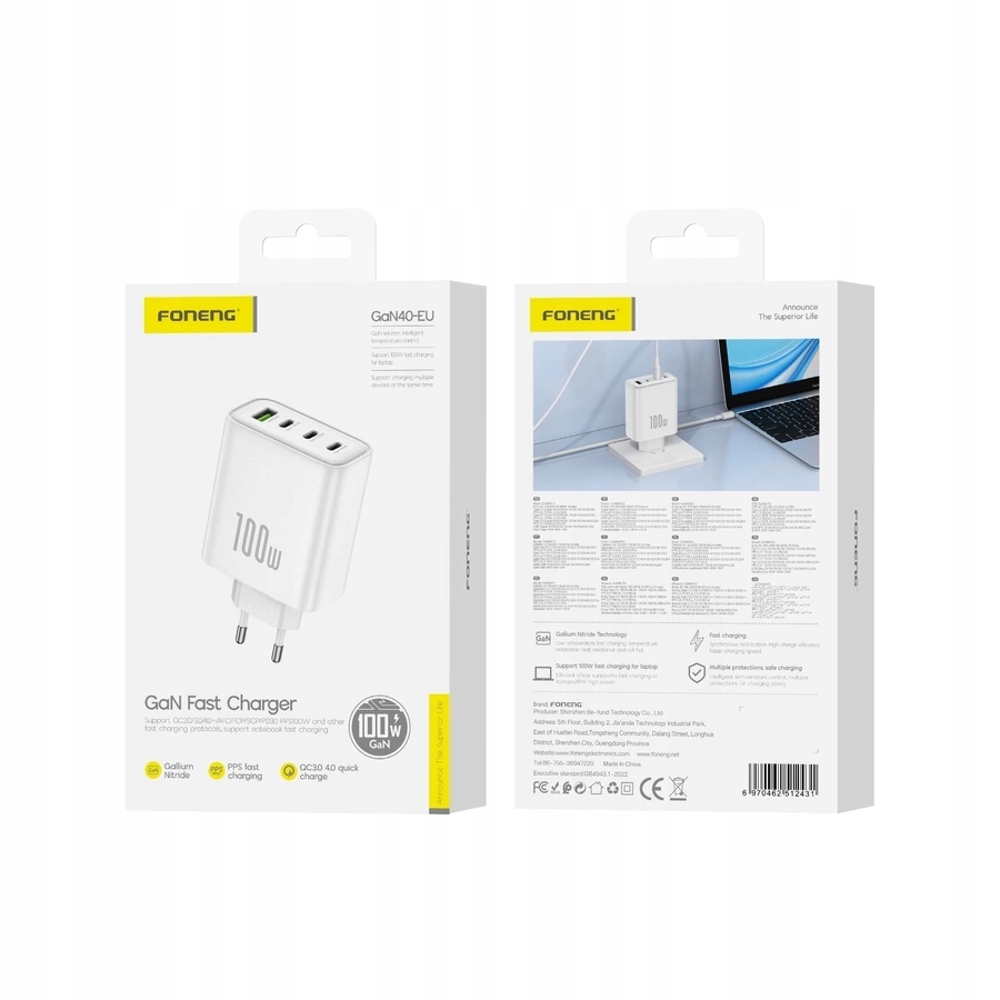 Síťová nabíječka GaN Pd 100W 3xUSB-C 1xUSB QC3.0 bílá Foneng GaN40