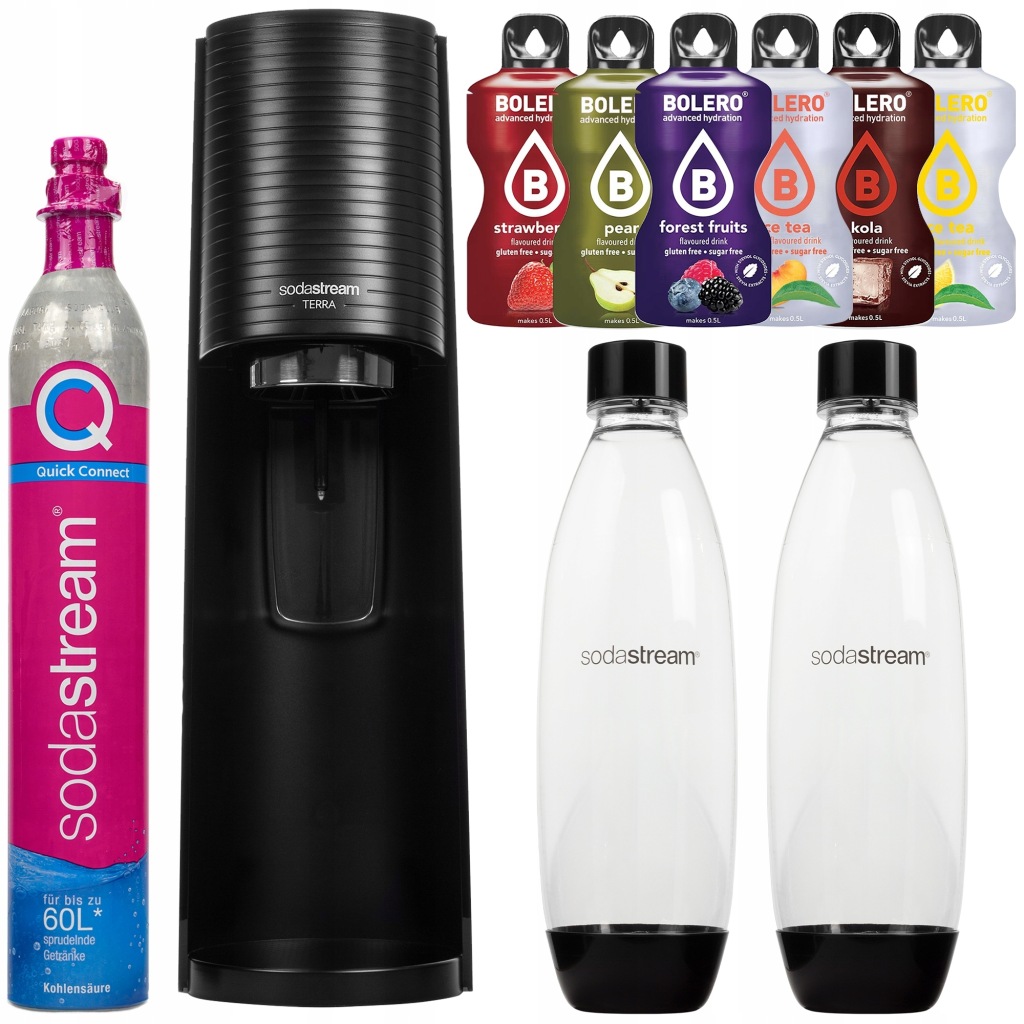 Výrobník Sody Sodastream Terra Černý 2 Lahve Cylinder 6 Příchutí Sada