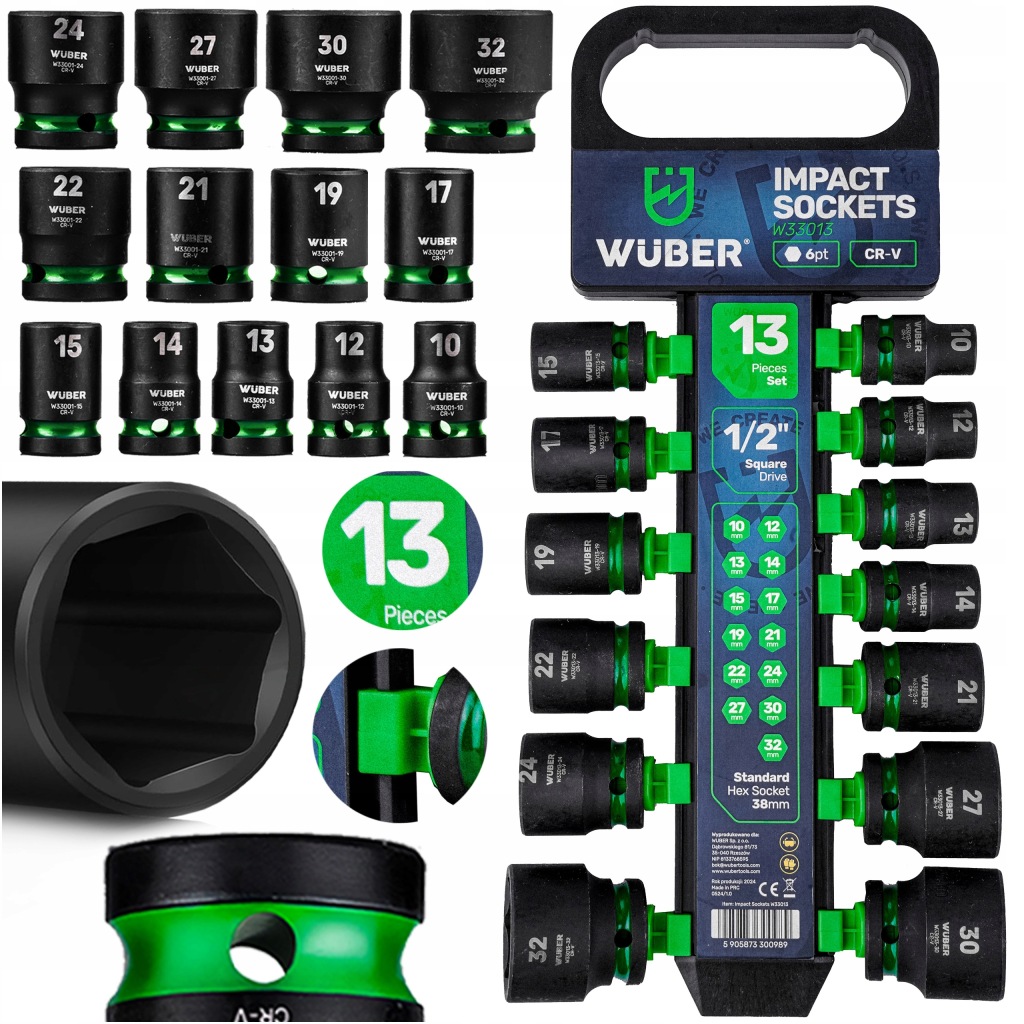 Sada Rázových Nástavců 13 Ks 1/2" 6-HRANNÉ Krátké Nástavce 10-32 MM Wuber