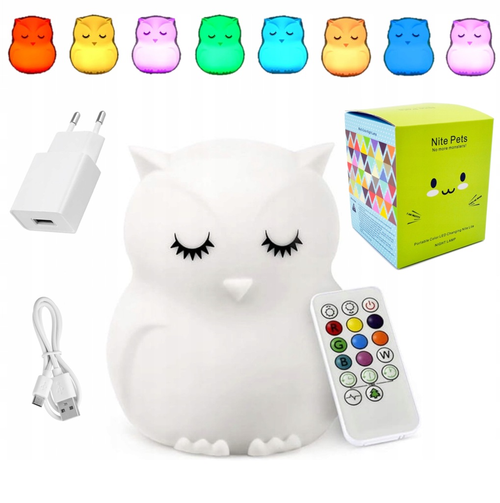 Zdjęcie okazji: Sowa Lampka Nocna Dla Dzieci Kolorowa Silikonowa Miękka Led Rgb +usb +pilot