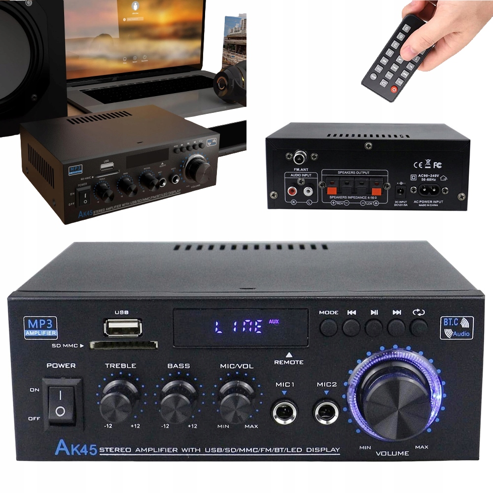 Bluetooth Audio Zesilovač Rádio Fm Přehrávač MP3 Stereo Receiver Výkonný