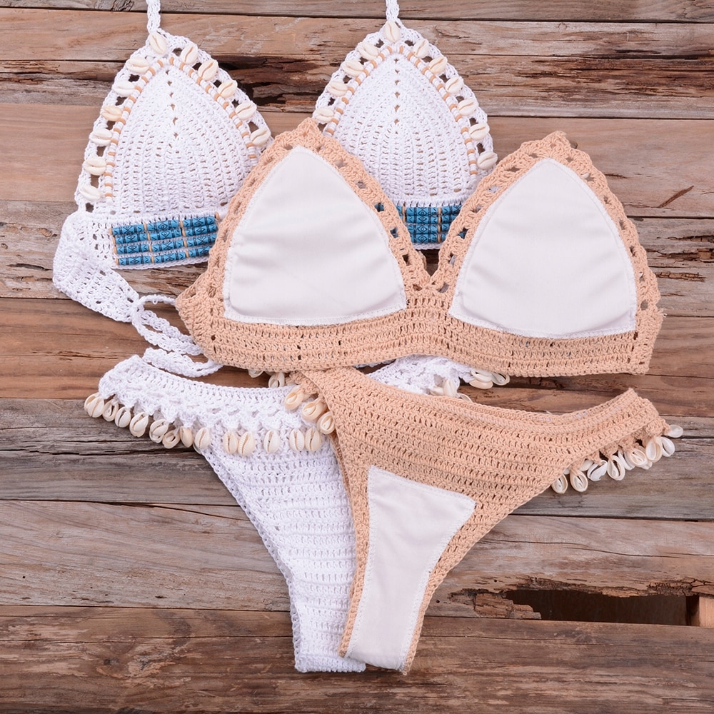 BIKINI SZYDEŁKOWE Z MUSZELKAMI BEŻOWE BOHO M - 10862223027