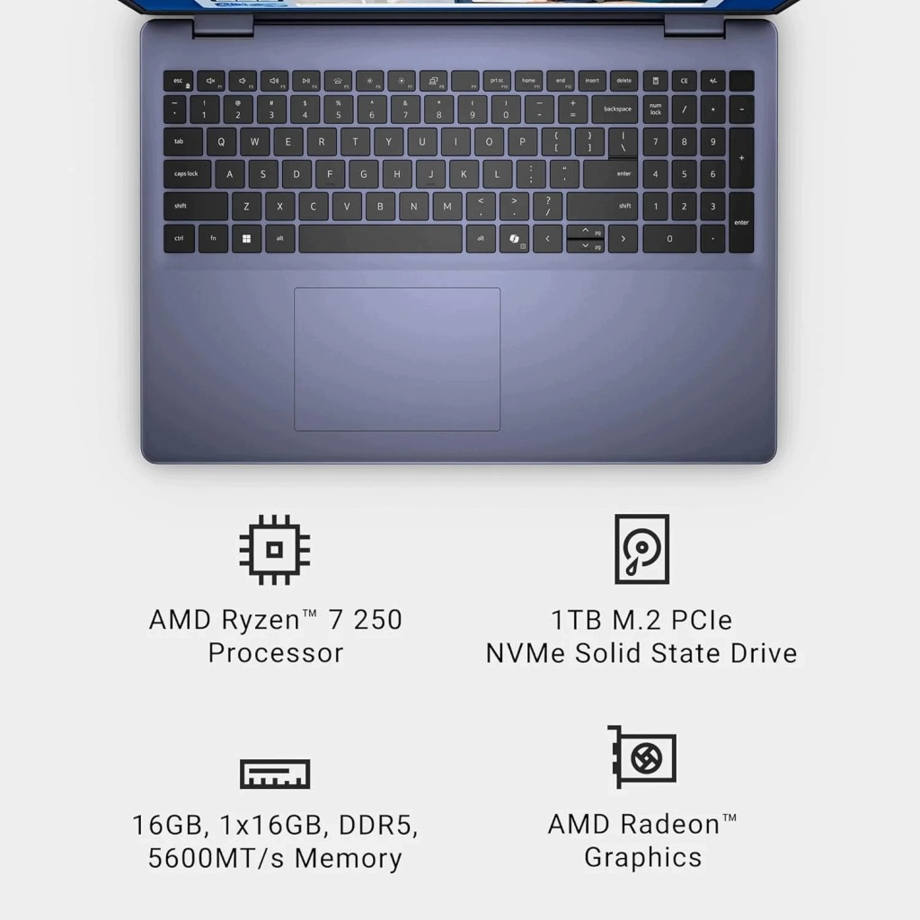 Laptop DELL 16 DC16256 16 FHD+ Ryzen 7 250 16GB 1TB SSD FPR BK W11Pro