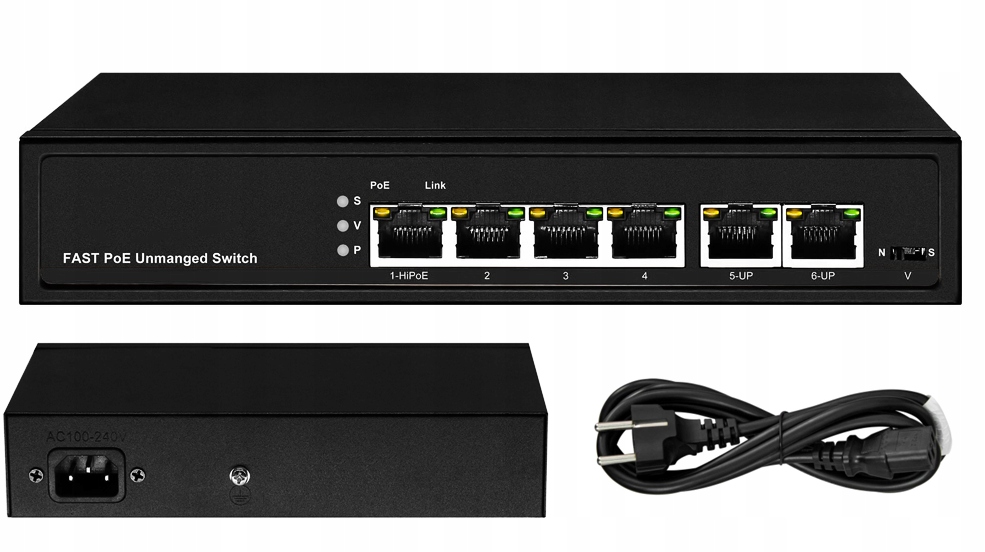 Switch 4x PoE 2x Uplink 60W 100Mbps Síťový