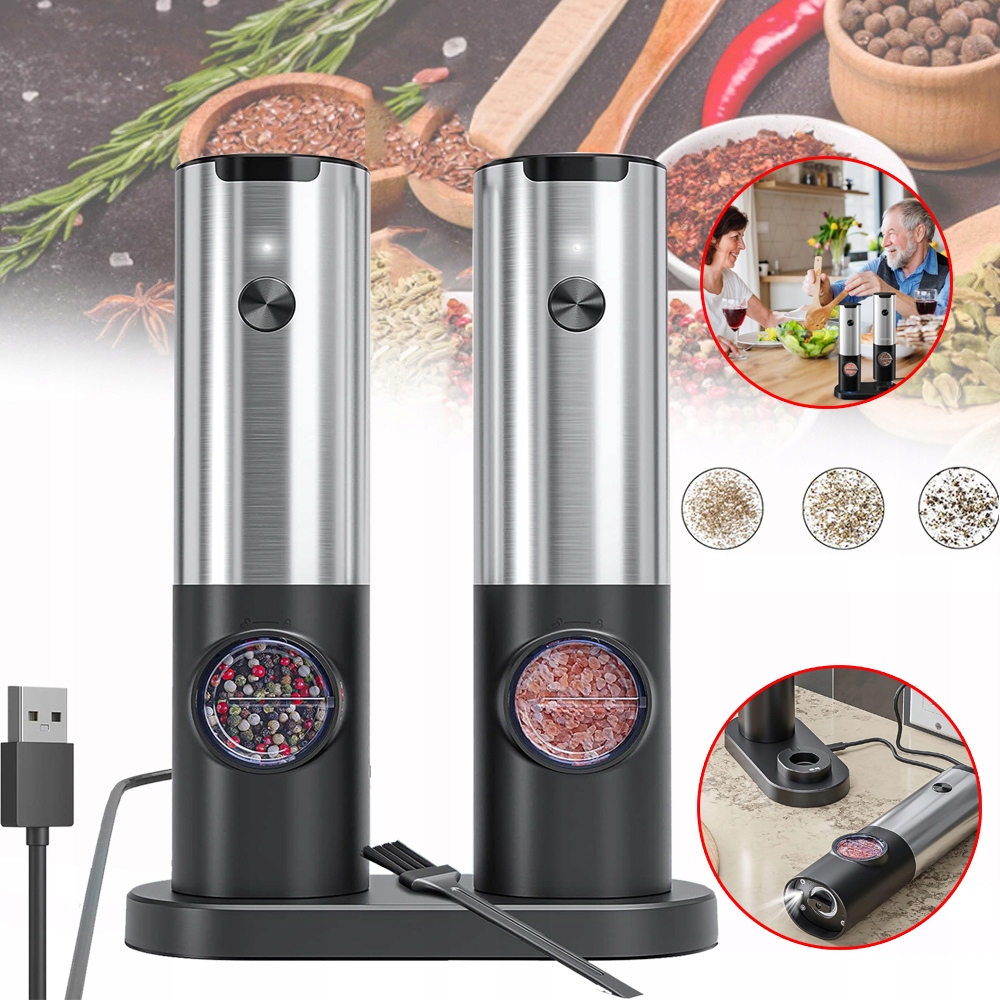 2 X Elektrický Mlýnek Na Sůl A Pepř, Elektrický Usb Nabíjecí Mlýnek