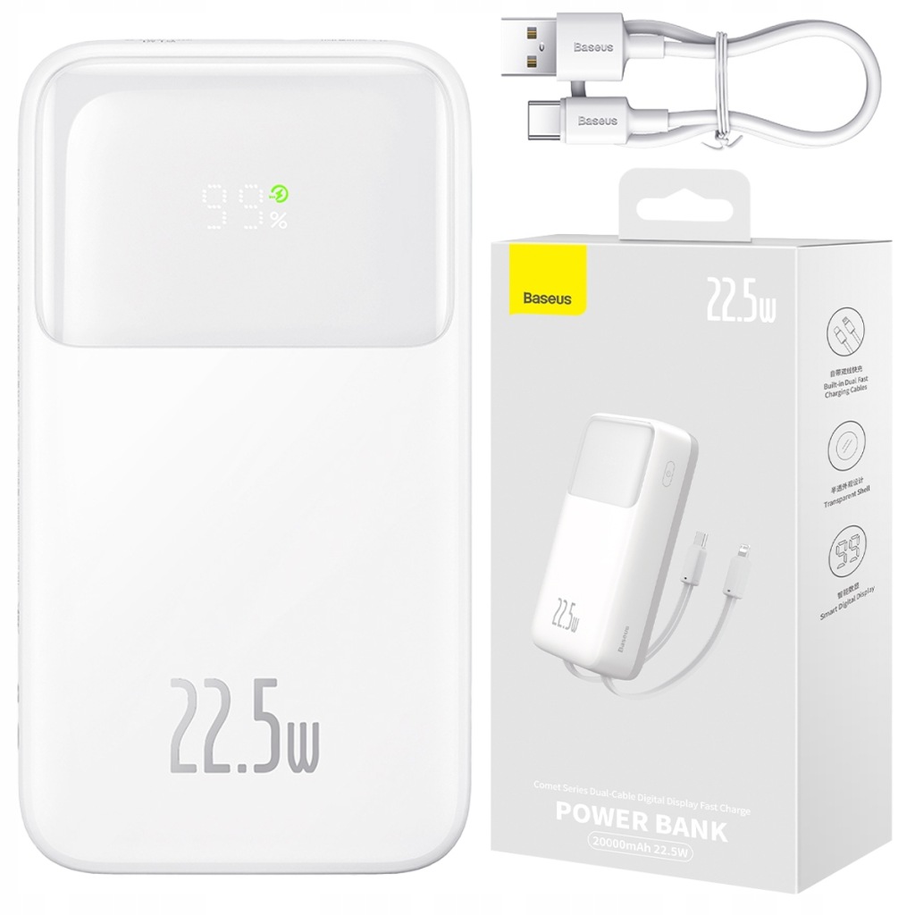 Baseus Power Bank Rychlé Nabíjení 20000MAH 22.5W Usb-c Lightning Kabel
