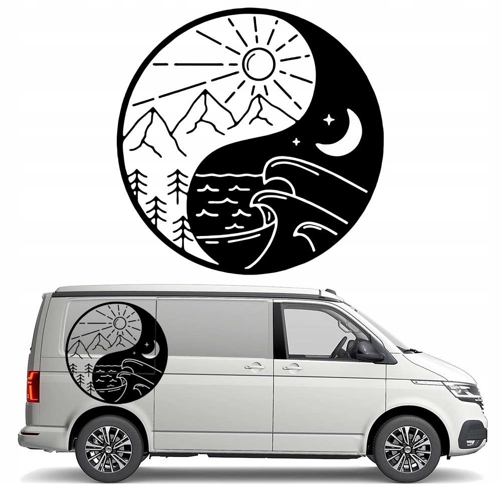 Nálepka Grafika na auto karavanu Hory Moře Vlna Yin A Yang 90x90