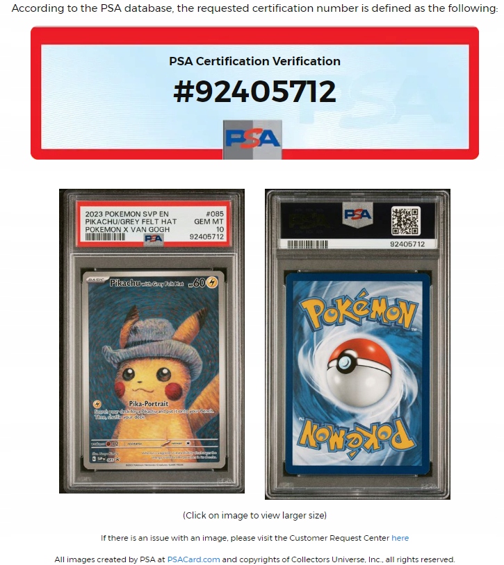 SVP 85 | PSA 10 #92405712 | Pikachu with Grey Felt Hat | Promo