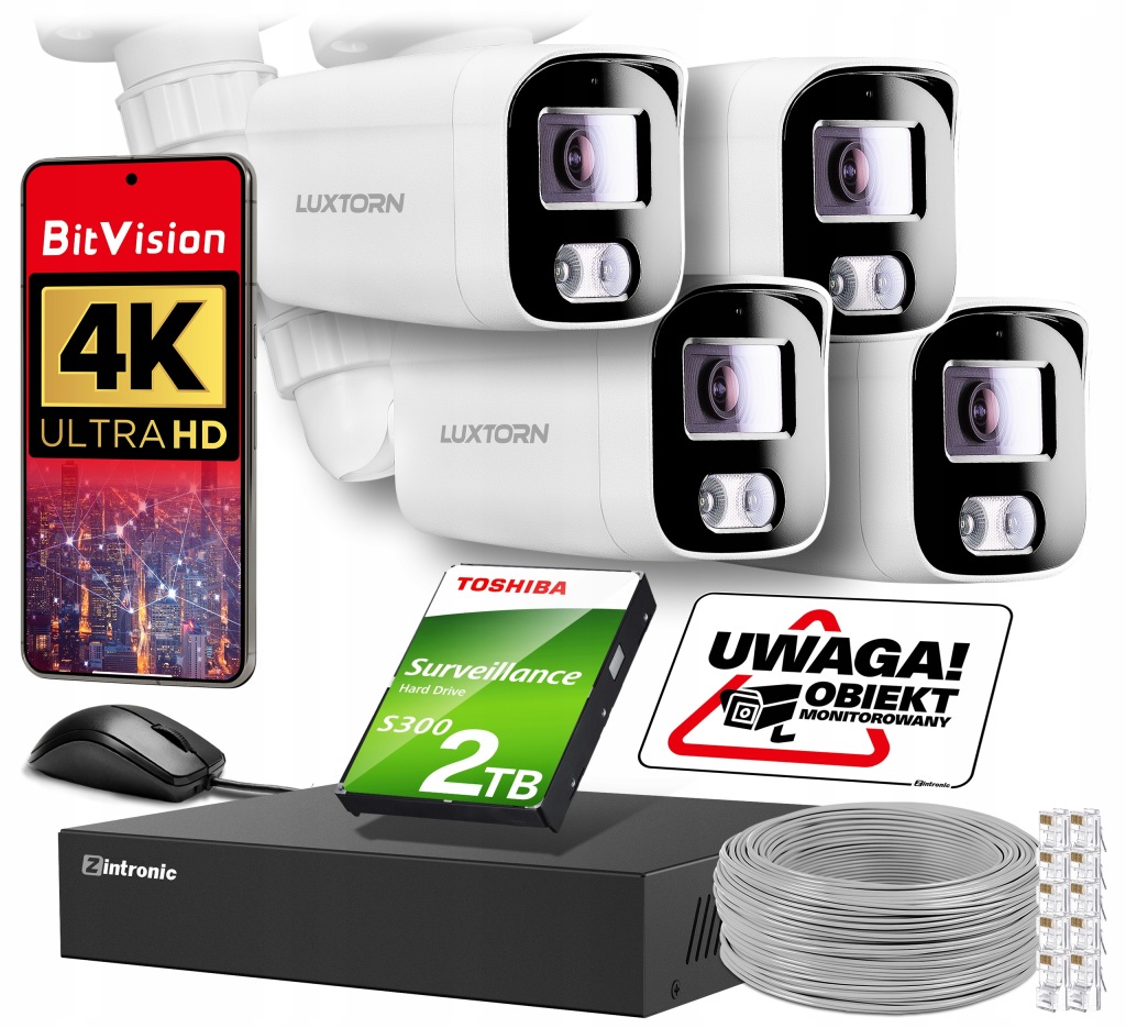 Sada Pro Monitorování 4K 8Mpx Ip Poe 4 Venkovní Kamery Audio Disk 2TB