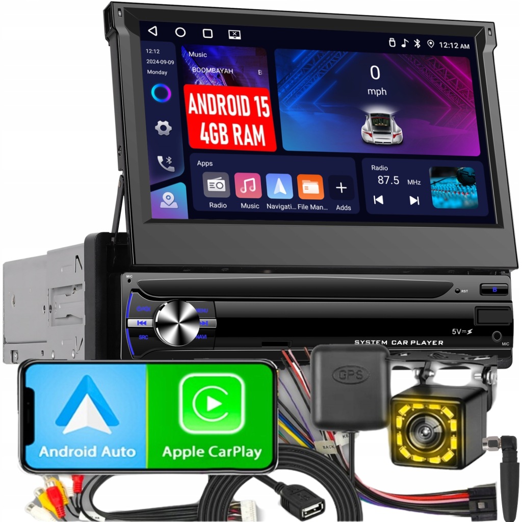 Autorádio 1DIN 7'' Carplay Android Wifi Rds Výsuvný Displej 4GB Ram