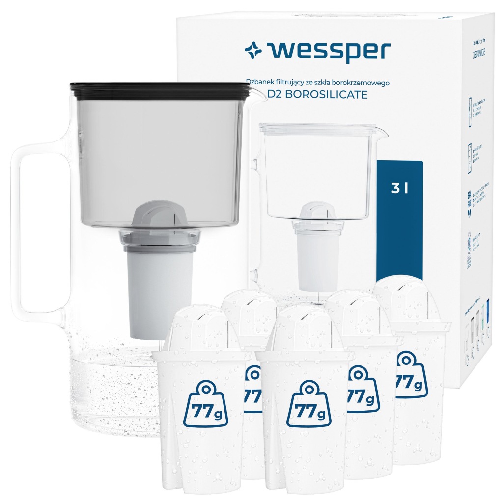Filtrační konvice skleněná Wessper D2 Borosilicate 3l černá 6x filtr