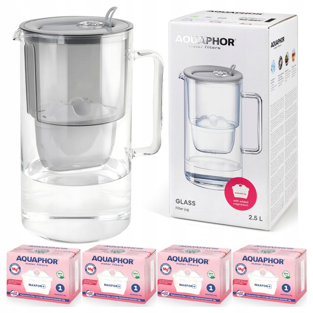Filtrační konvice skleněná Aquaphor Glass Šedá 4 filtry Maxfor Mg Hořčík