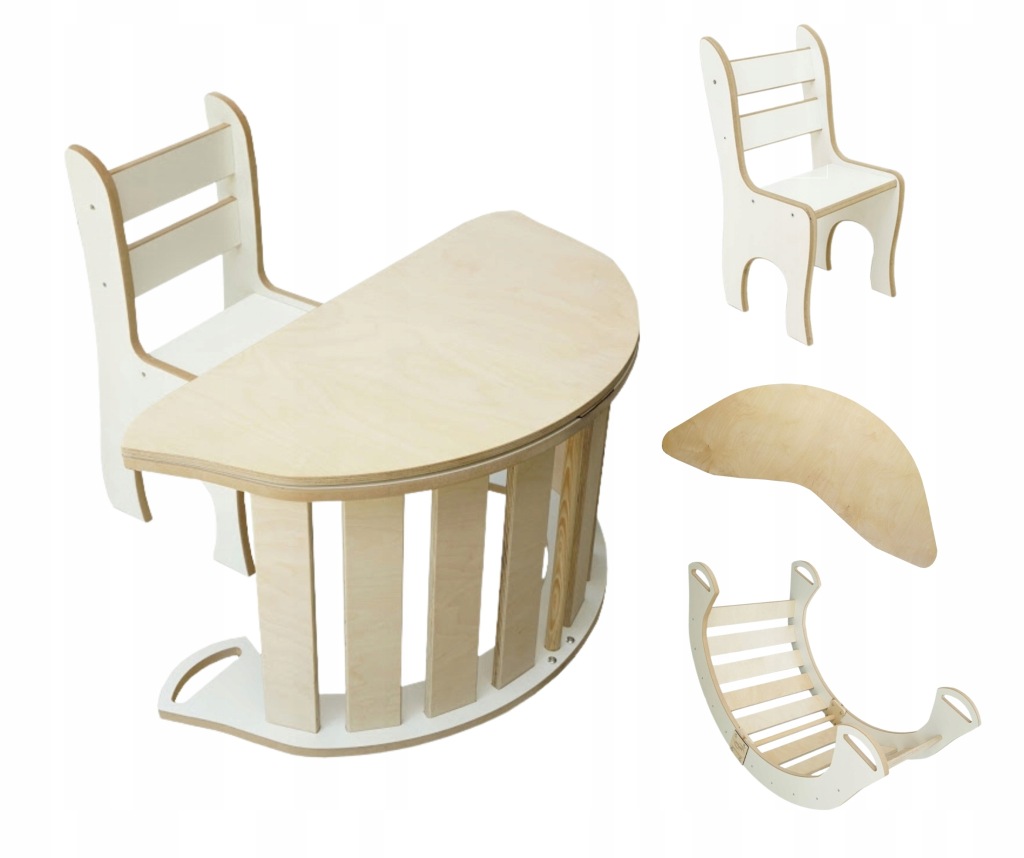 Dřevěný houpačka stůl Montessori pro dítě, bílá barva, 98 cm/L, Mdf, židle 3v1
