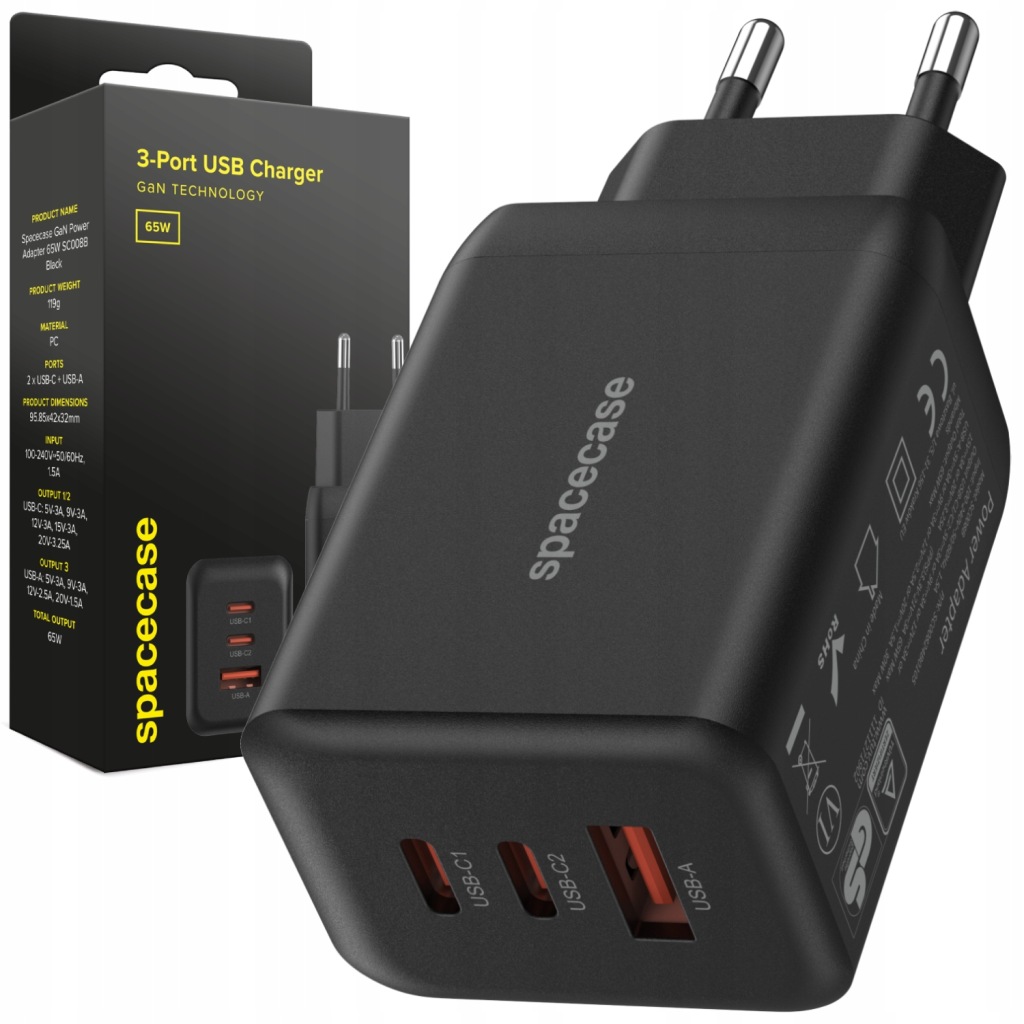 Rychlá nabíječka pro telefon GaN 65W 2X Usb-c Typ-C Qc 3.0 Pd Pps Spacecase