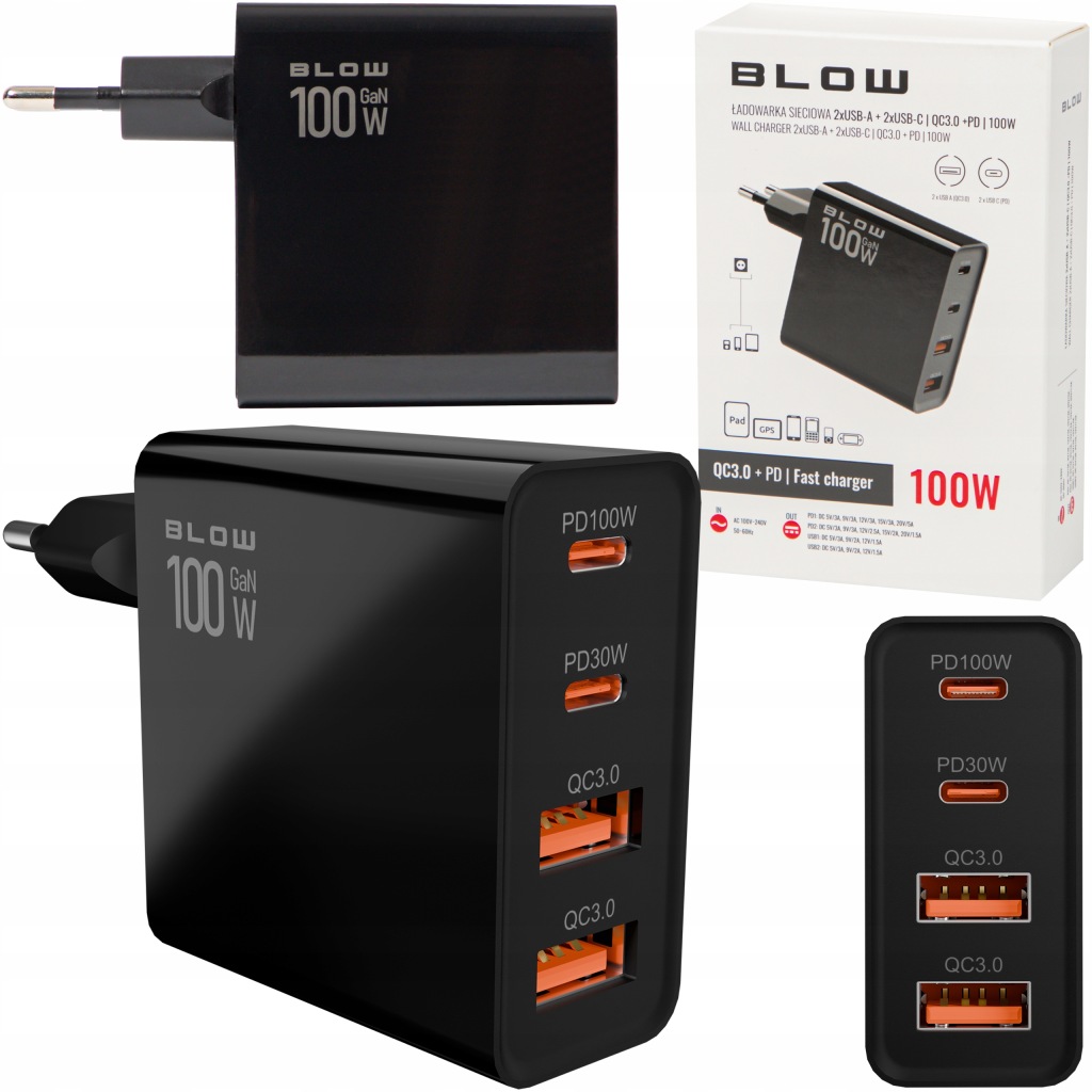 Rychlá Síťová Nabíječka GaN 100W 2x Usb 2x Usb-c Qc 3.0 Pd Univerzální