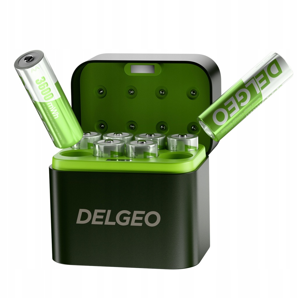 Delgeo 8 kusů lithiových baterií Aa 1,5 V s rychlonabíječkou 2,5 H, 2000 cyklů