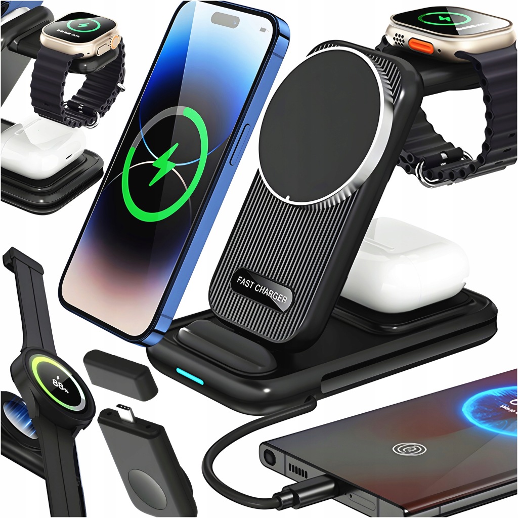 Indukční nabíječka pro iPhone Samsung 15W bezdrátová 4v1 Airpods hodinky