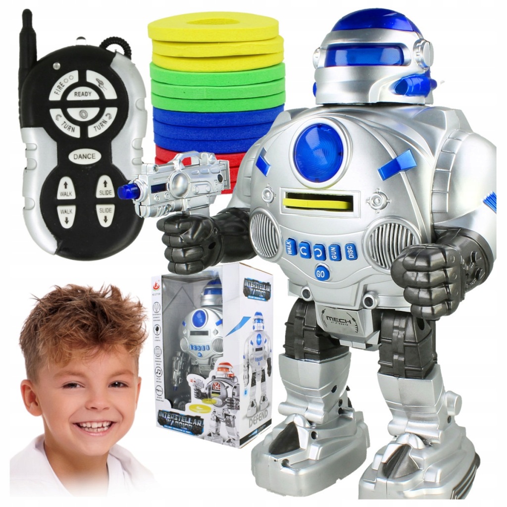 Robot na dálkové ovládání pro děti, chodí, střílí kroužky, hudba, Led S-