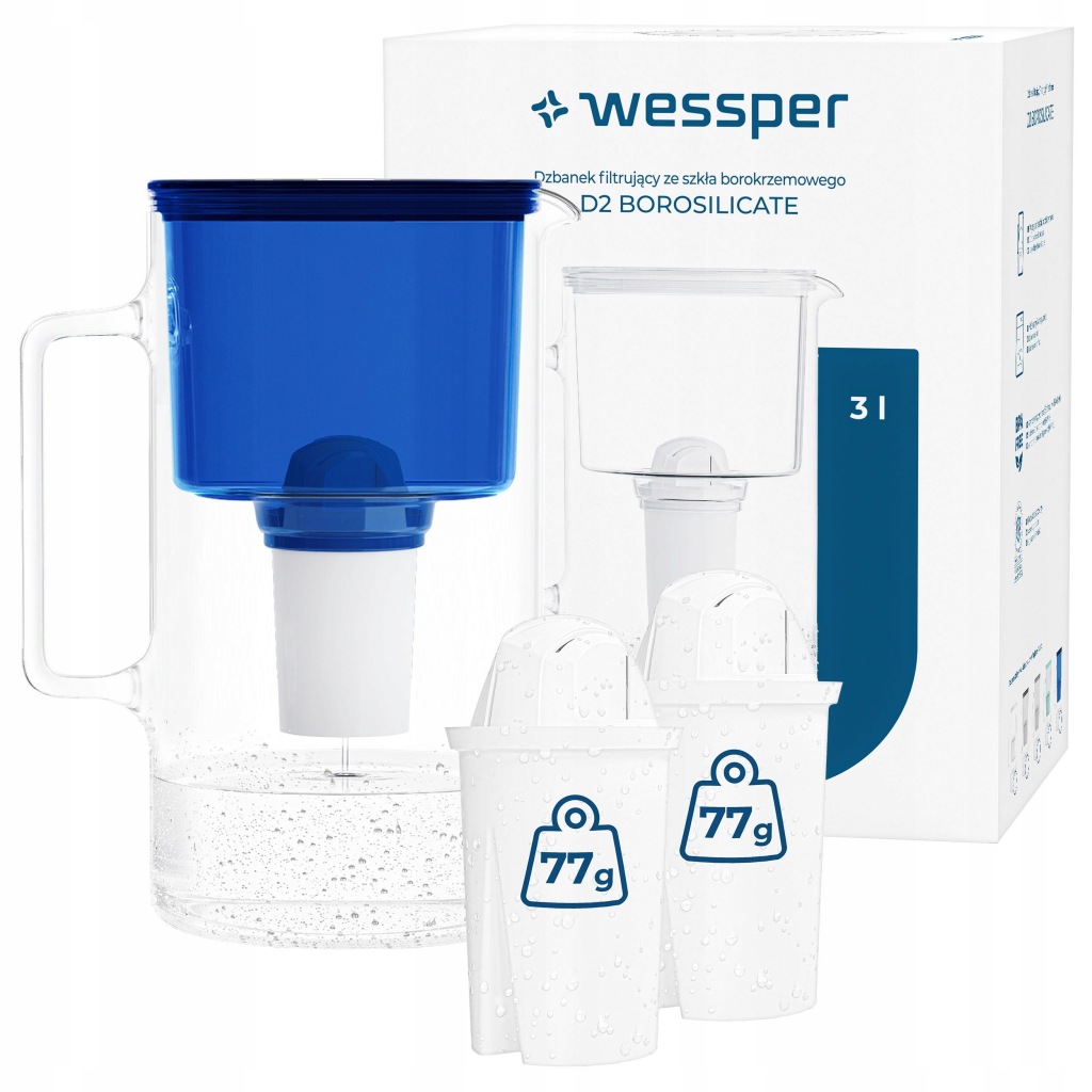 Filtrační konvice skleněná Wessper 3 l modrá 3x aquaclassický filtr